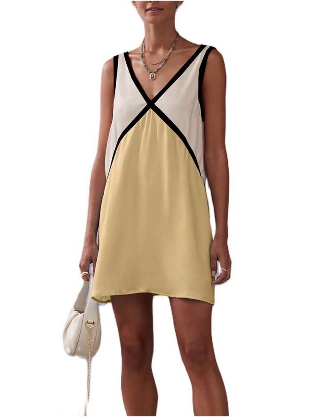 Sleeveless V-Neck Colorblock Mini Dress in Cream and Yellow